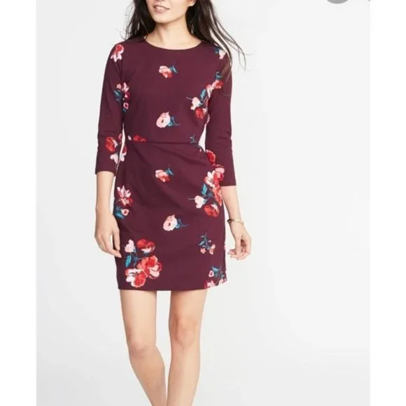 old navy burgundy floral dress Burgundy Floral Long Sleeve Midi Dress - All Dresses main image 0